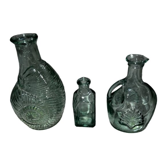 Vintage Libbey Green Glass Bottles Set Of 3 With Nautical & Leaf Motifs  Decorat - Picture 3 of 13